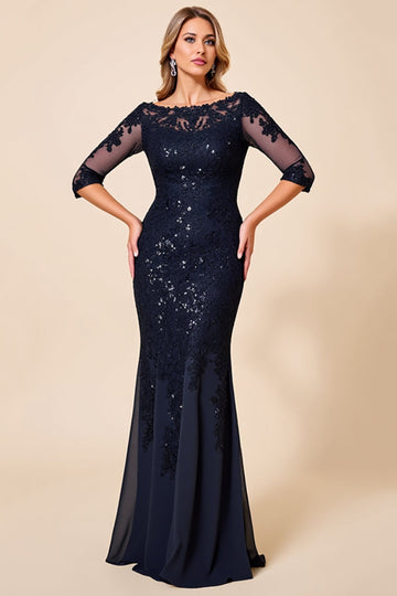 Sparkly Navy Chiffon Mermaid 3/4 Sleeves Long Mother of the Bride Dress with Lace
